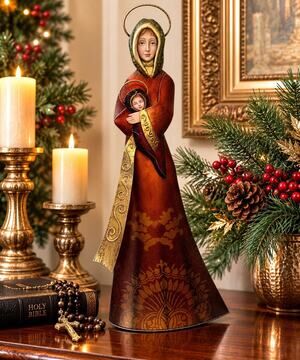 Large Holy Family Madonna & Child Metal Sculpture 21” Hand Painted Figurine